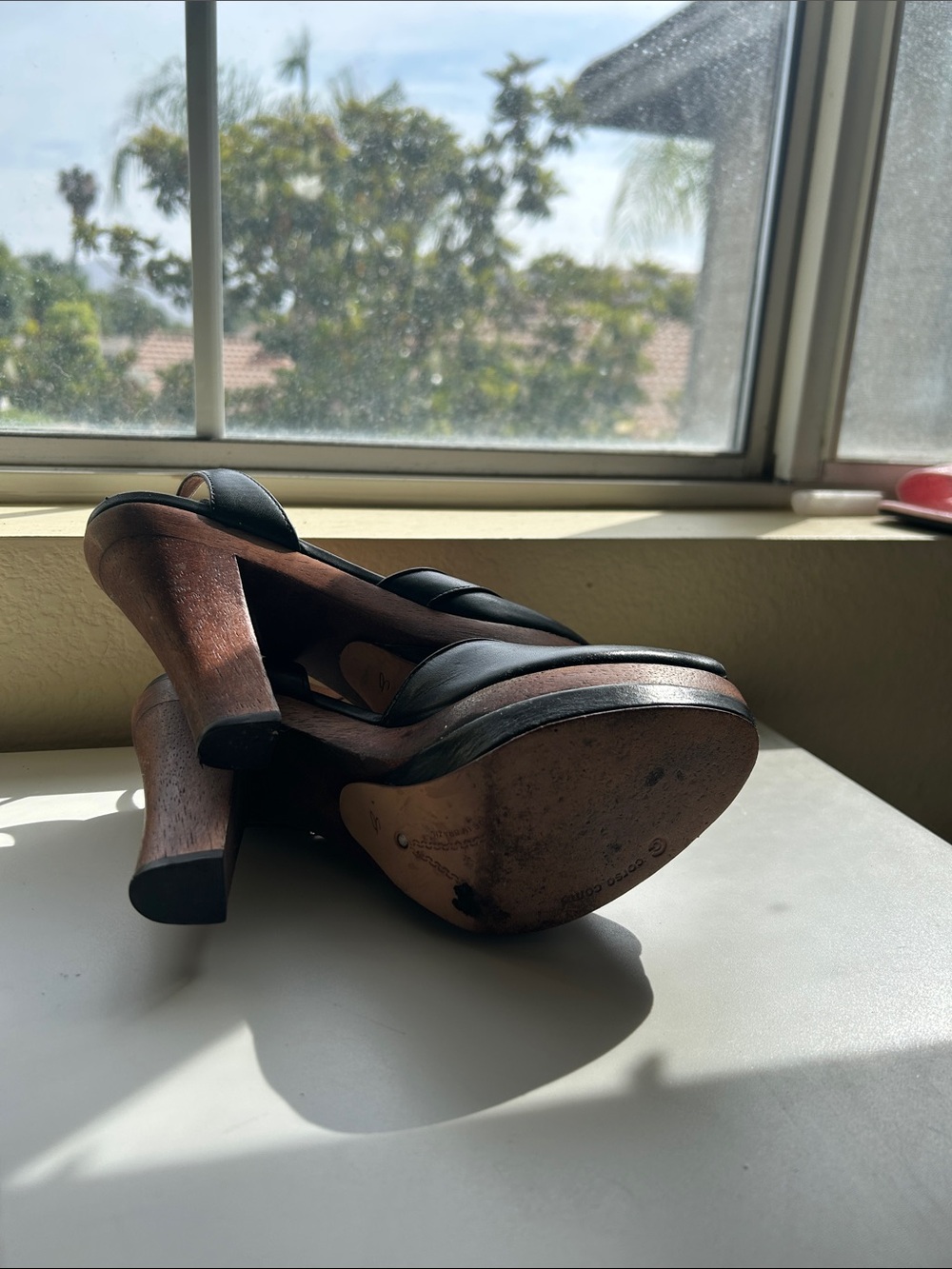 Corso Como Black Leather Peep-Toe Slingback Platform Heels - Picture 3 of 5